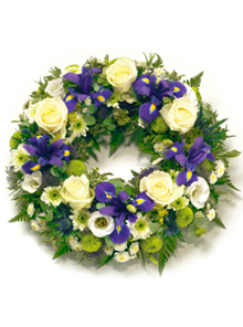 Coroana funerara rotunda cu iris si trandafiri