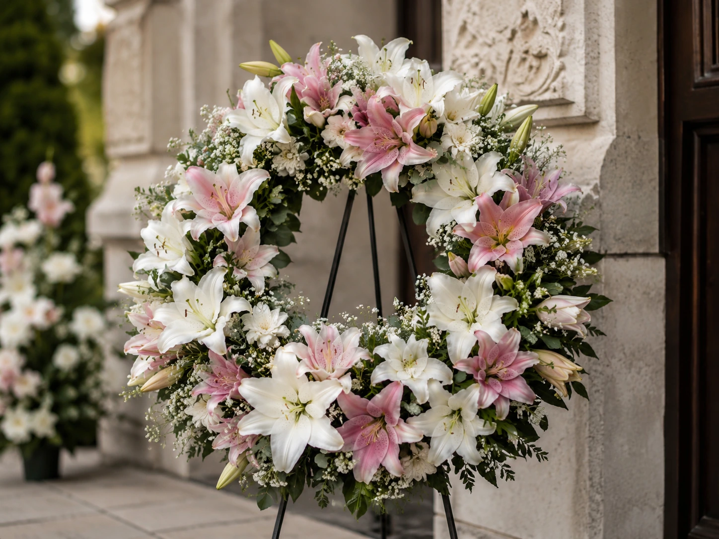 coroane funerare cu crini albi și roz