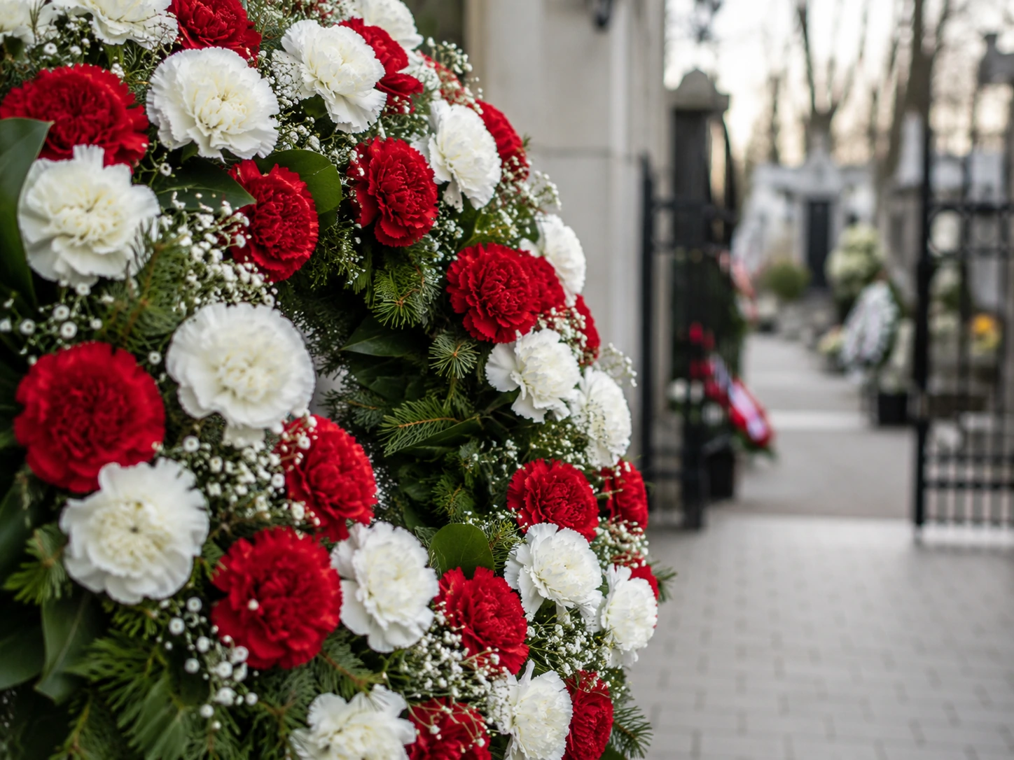 coroane funerare cu garoafe roșii și albe