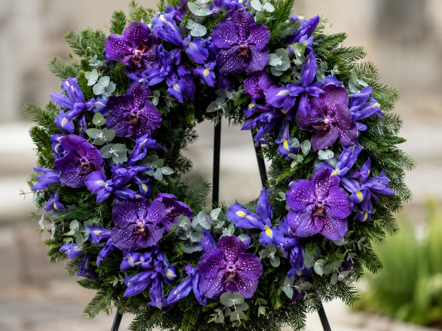 coroane funerare mov cu orhidee și iris