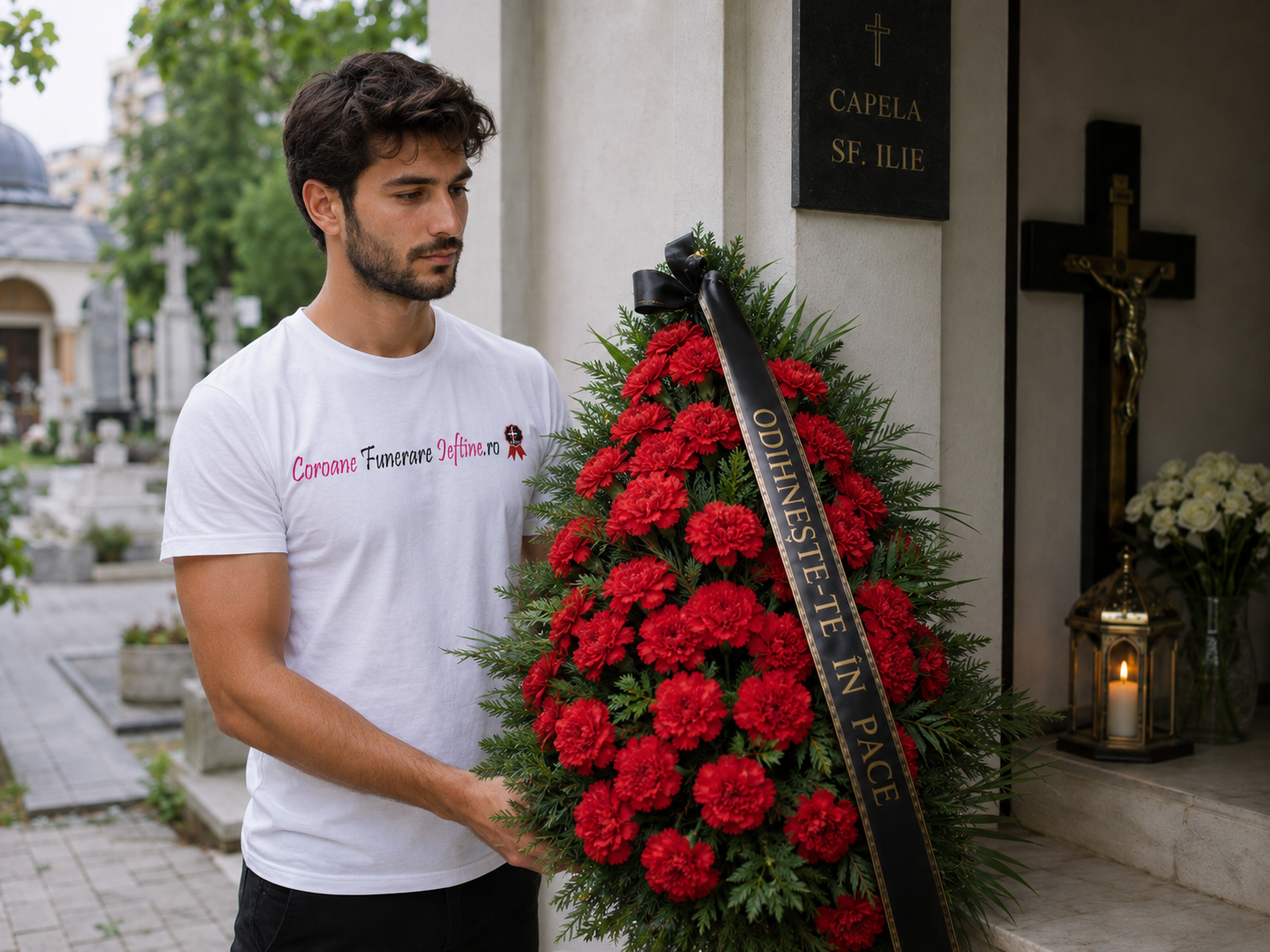 Depunere coroană funerară la capelă sau cimitir în București