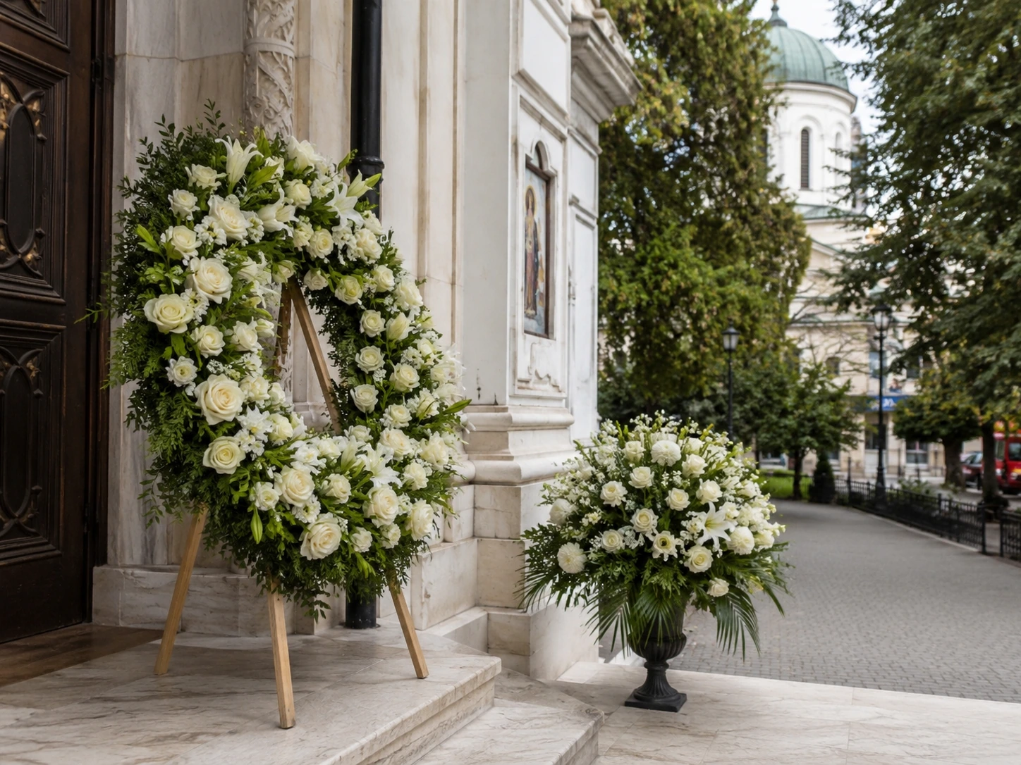 coroană funerară pregătită pentru livrare la biserică