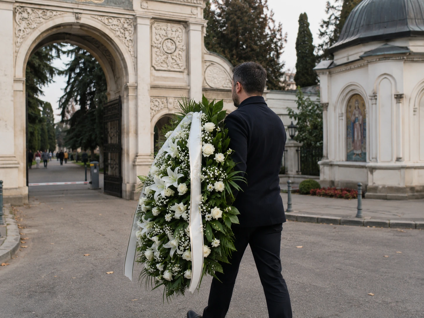coroană funerară pregătită pentru livrare la Cimitirul Bellu