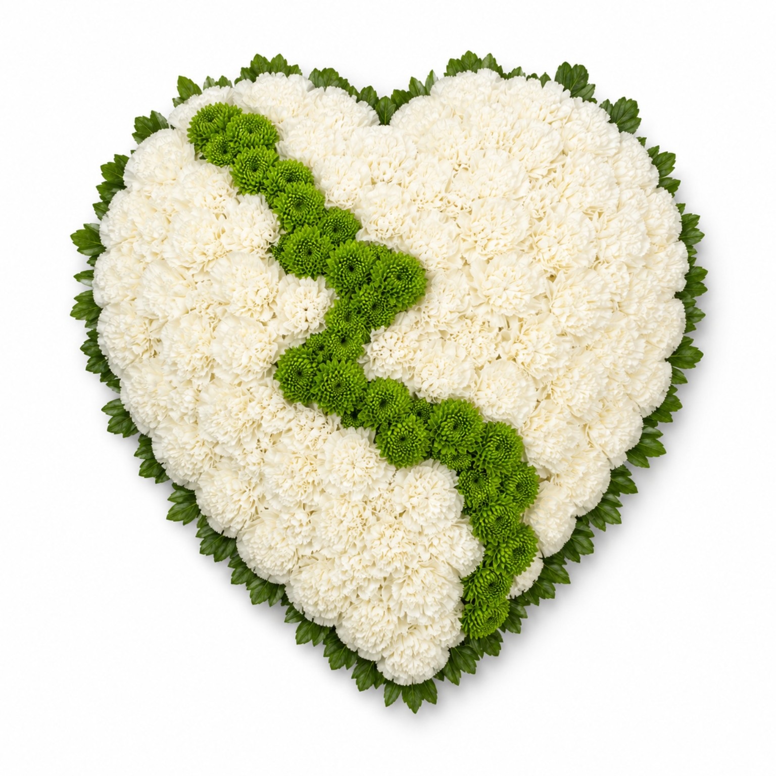 Inimă funerară din garoafe albe și santini verde