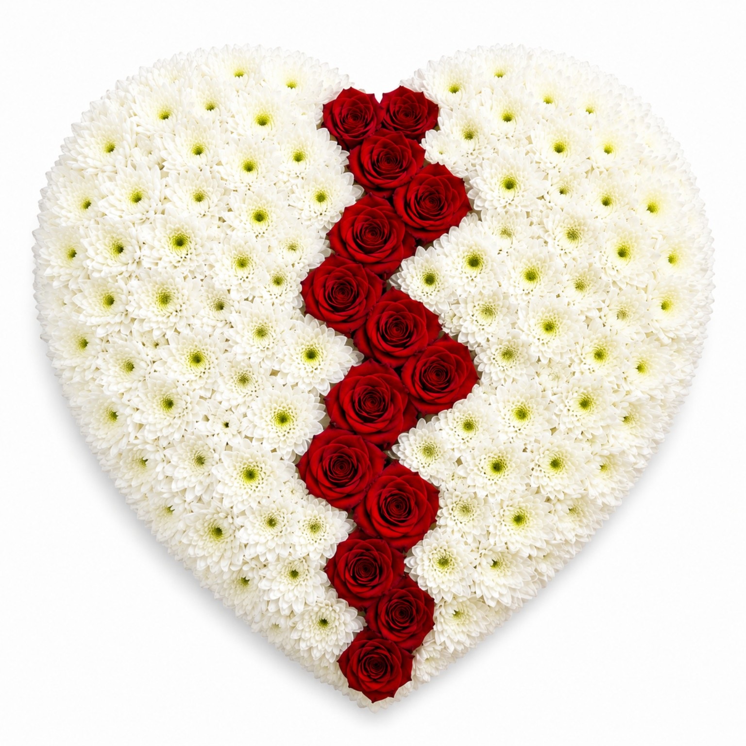 Inimă funerară din crizanteme albe și trandafiri roșii