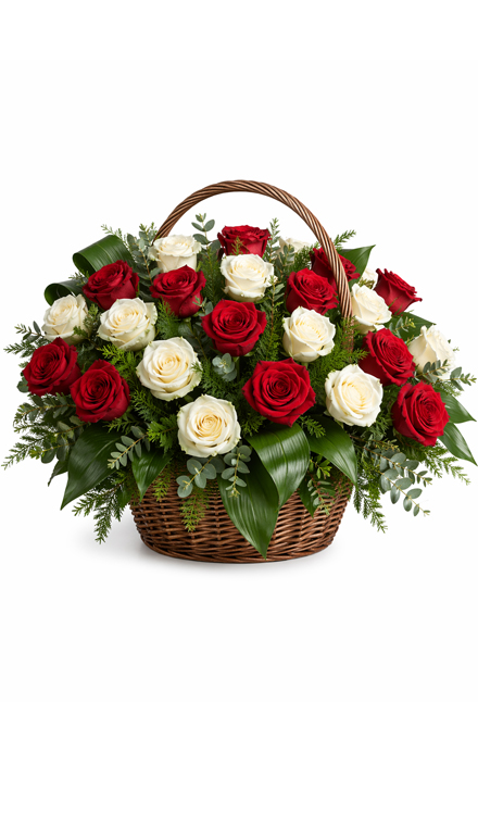 Cos funerar din trandafiri albi si rosii