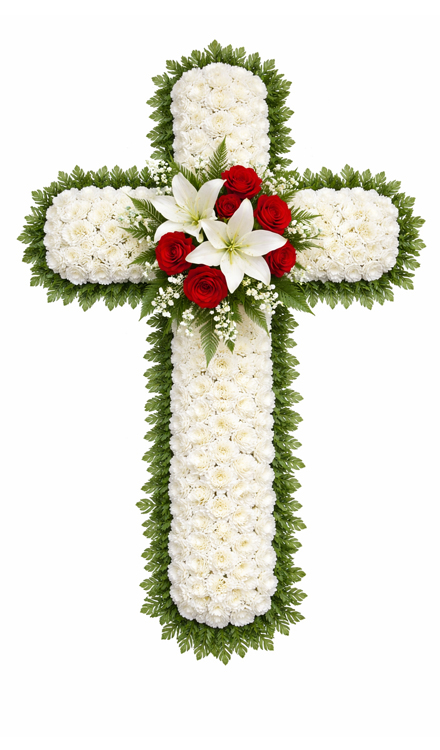Cruce funerara din crizanteme, trandafiri si crini