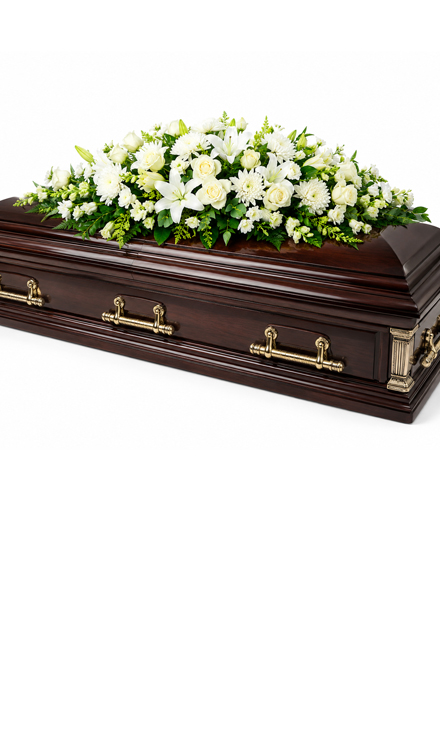 Aranjament funerar pentru sicriu din crini albi, trandafiri albi și crizanteme albe