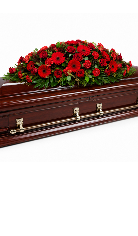 Aranjament funerar pentru sicriu din garoafe roșii, trandafiri roșii și gerbera roșie