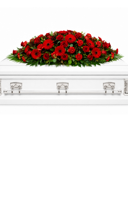 Aranjament funerar pentru sicriu din garoafe roșii, trandafiri roșii și gerbera roșie - unghi de prezentare