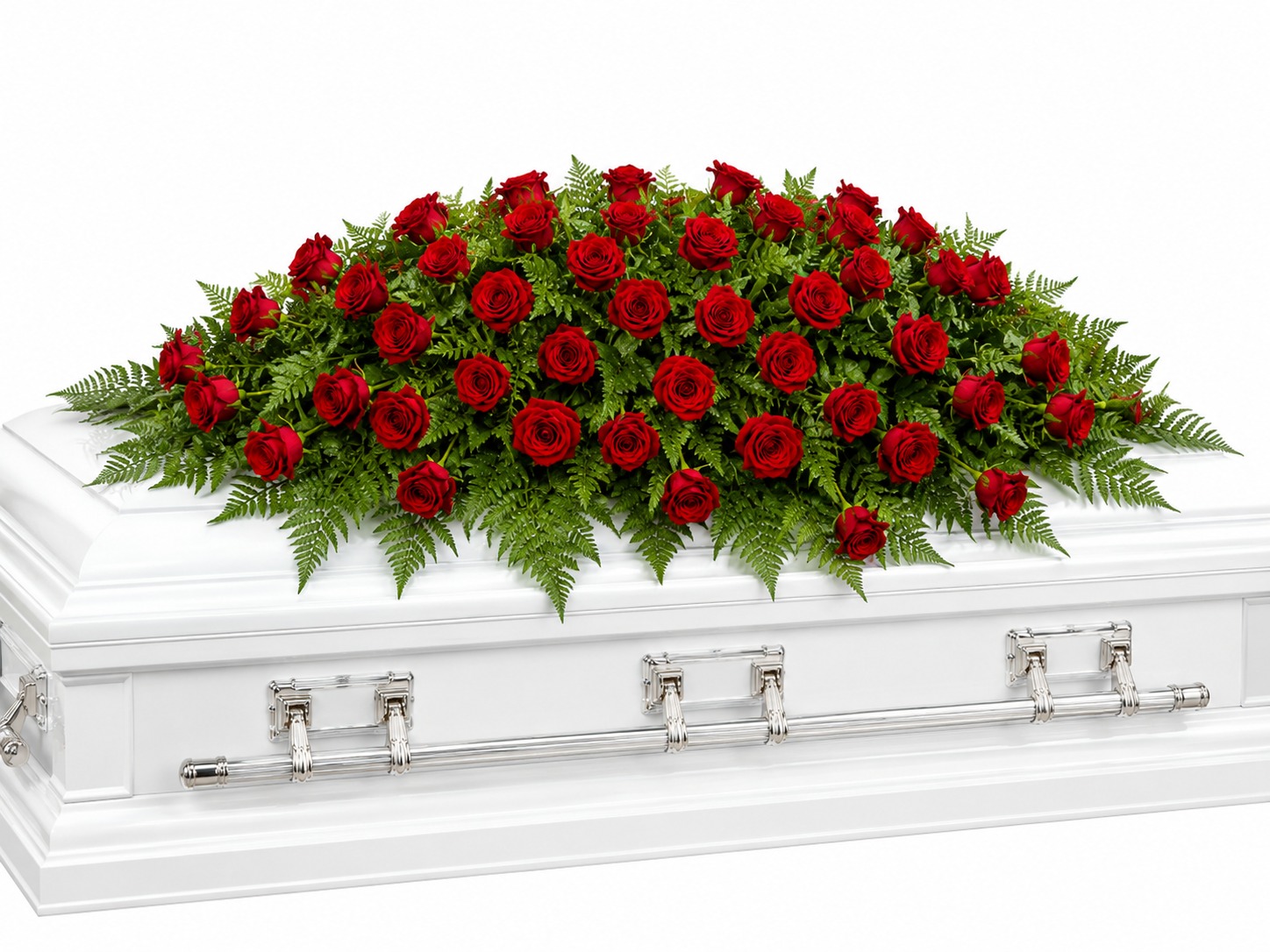 Aranjament funerar pentru sicriu din trandafiri roșii - vedere pe sicriu alb
