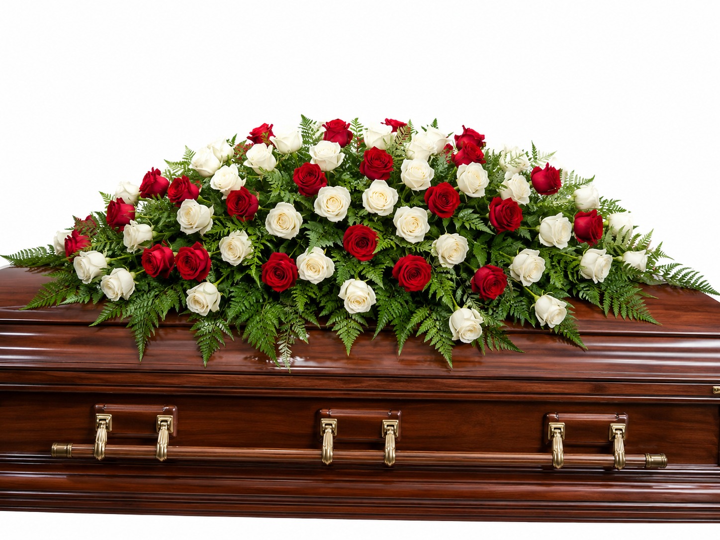 Aranjament funerar pentru sicriu din trandafiri albi și roșii