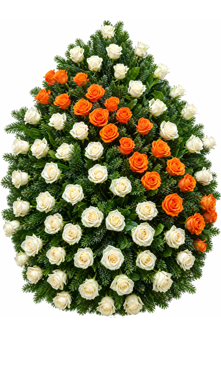 Coroană funerară i12 din trandafiri albi cu diagonală portocalie