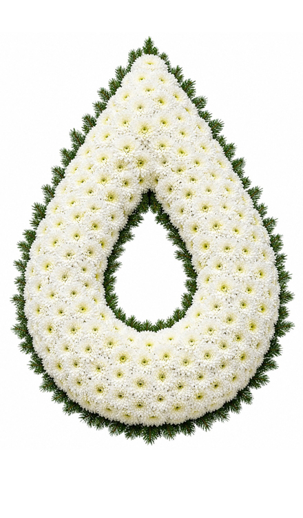 Coroană funerară lacrimă din crizanteme albe - dimensiune mare 100 de flori
