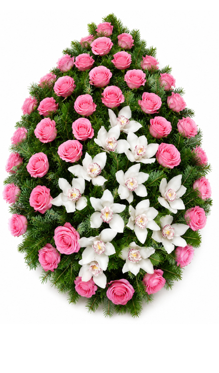 Coroană funerară din trandafiri roz și orhidee albe imperiale