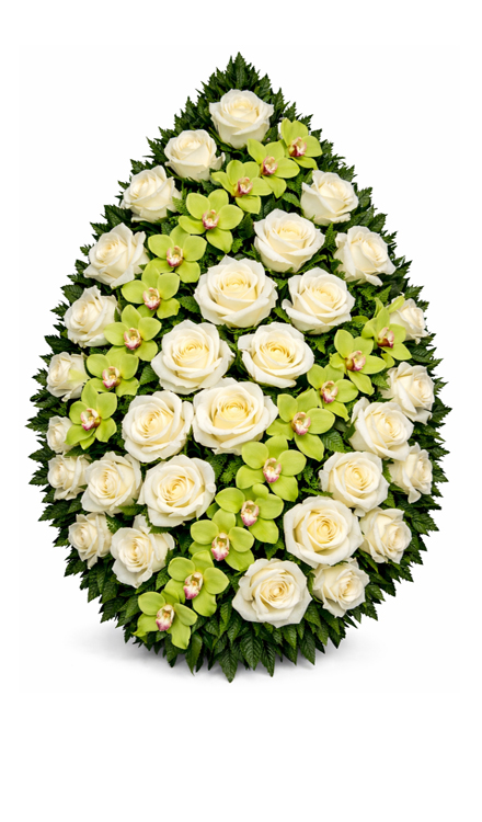 Coroană funerară i3 din trandafiri albi cu diagonală din orhidee