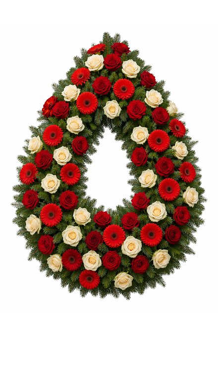 Coroană funerară i45 din gerbere și trandafiri albi