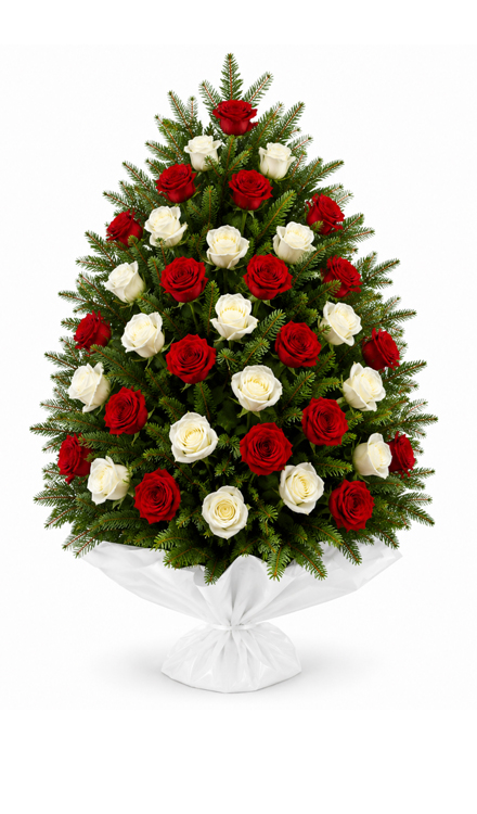 Jerbă funerară j1 din trandafiri albi și roșii