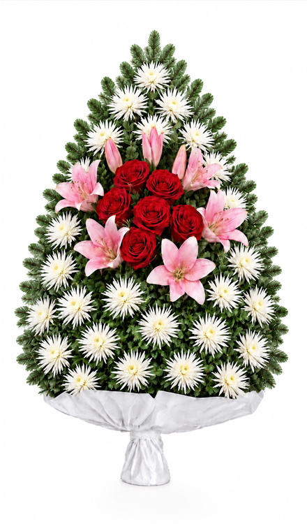 Jerbă funerară j12 din crizanteme, crini și trandafiri